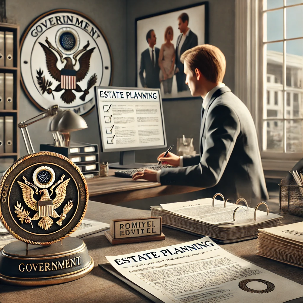 A government employee sits at his desk, reviewing estate planning documents on his computer. His office contains a government seal, a nameplate, and stacks of legal paperwork. A framed photo on the wall depicts a professional meeting. The scene conveys an official approach to estate planning for government employees